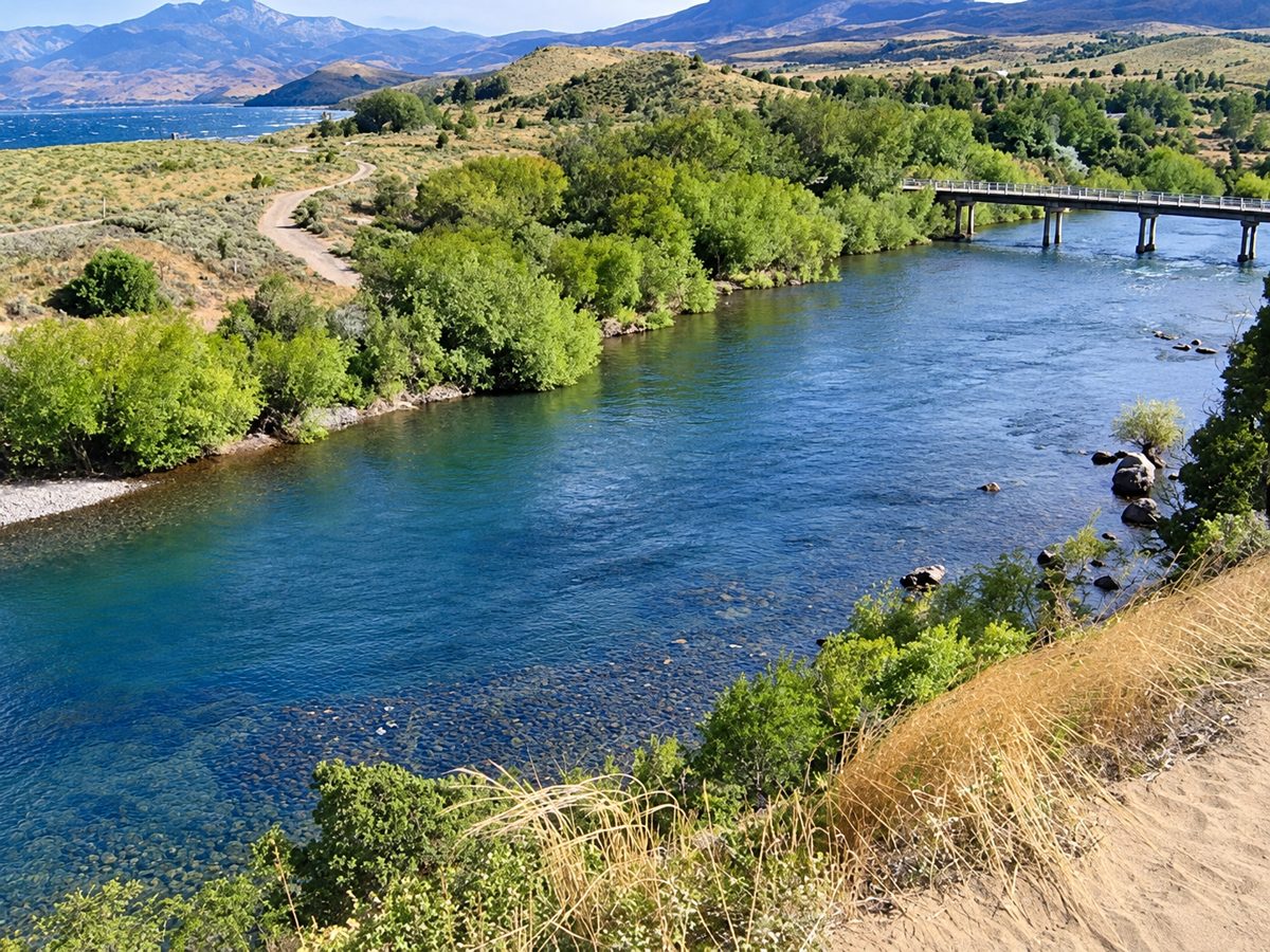 Chimehuín River with a bridge and steppe hills