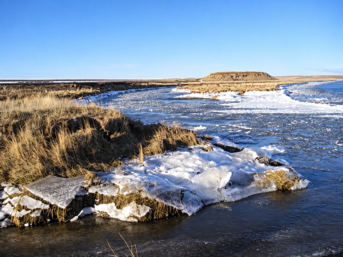 Frozen river on the Tierra del Fuego steppe