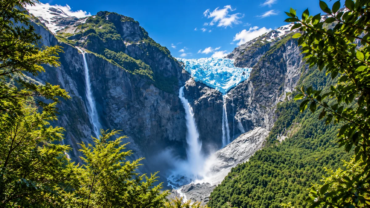 Ventisquero colgante y cascadas del Parque Nacional Queulat, en la Carretera Austral
