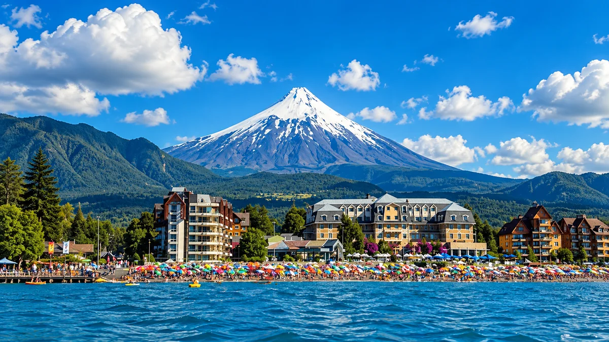 Volcán nevado sobre un lago, con hoteles y playa llena de sombrillas