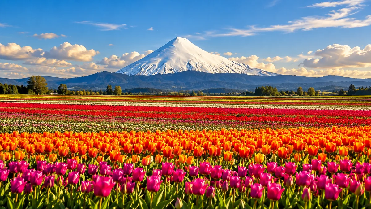 Campo de tulipanes de colores con un volcán nevado al fondo