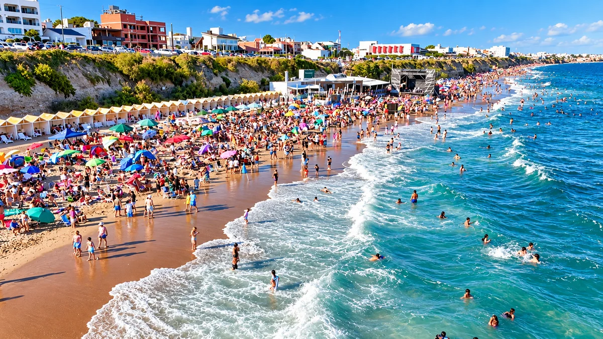 Playa de Las Grutas, en Río Negro, con bañistas