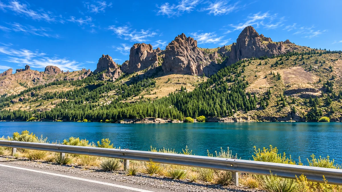 Lago turquesa con cerros rocosos y un camino con guardarraíl en la cordillera patagónica