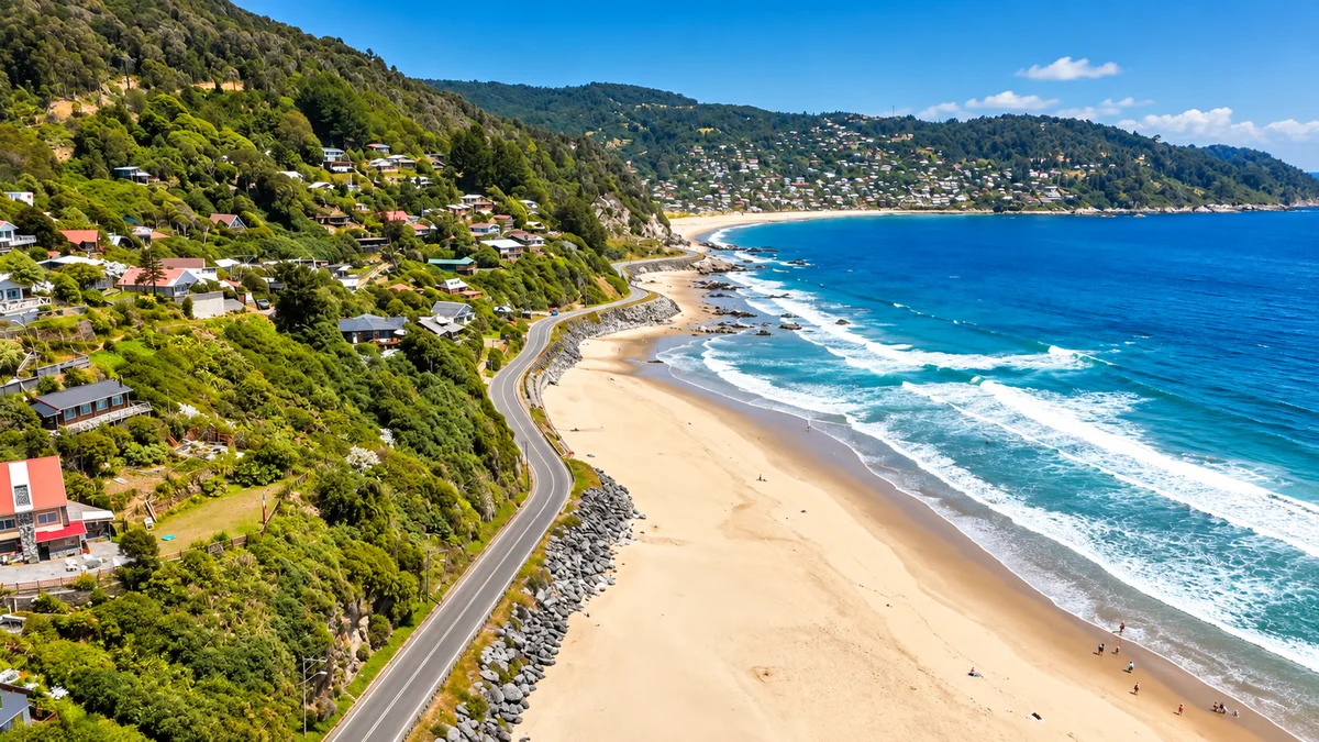 Camino costero y playa en la costa de Osorno